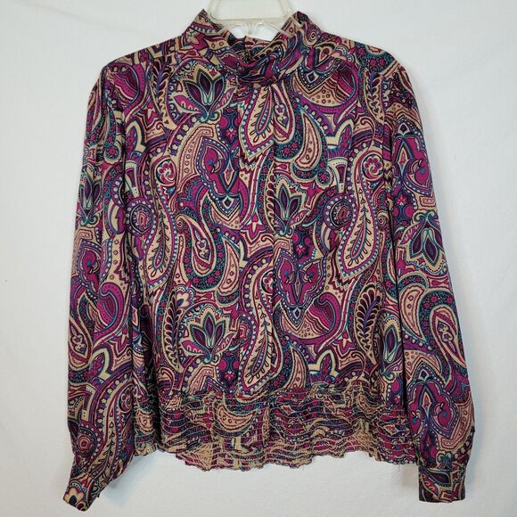 VTG 70s Judy Bond Top Purple Paisley Womens 14 Mod Boho Shirred Waist Office - Picture 1 of 9